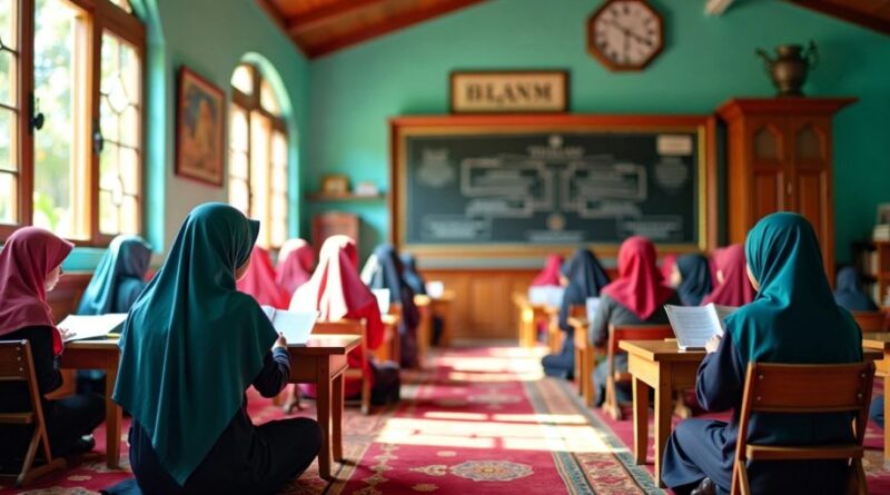 Kelas di pondok pesantren dengan siswa belajar bersama.