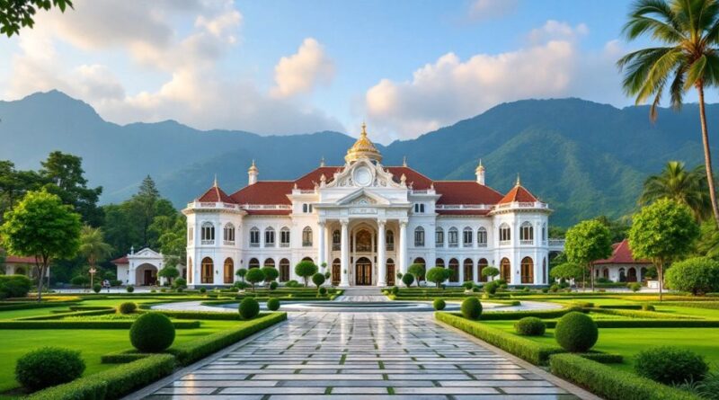 Pesantren mewah dengan arsitektur elegan dan taman hijau.