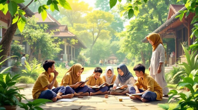 Siswa muda belajar di pondok pesantren dengan suasana alami.