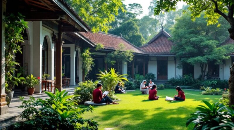 Pondok pesantren yang tenang di Indonesia dengan siswa belajar.