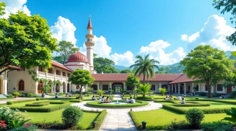 Pondok pesantren dengan pemandangan indah dan siswa belajar.