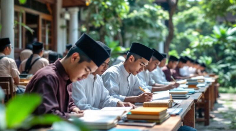 Santri belajar di pondok pesantren dengan suasana tenang.