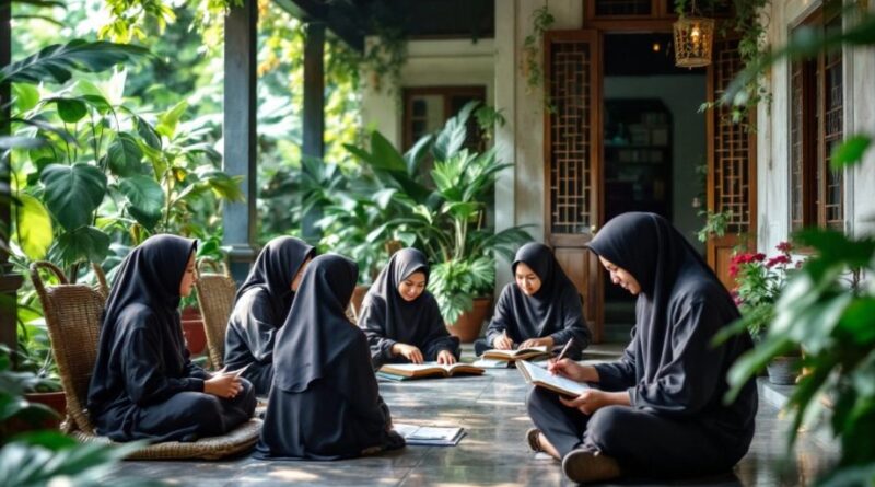 Gambaran santri belajar di lingkungan pesantren.