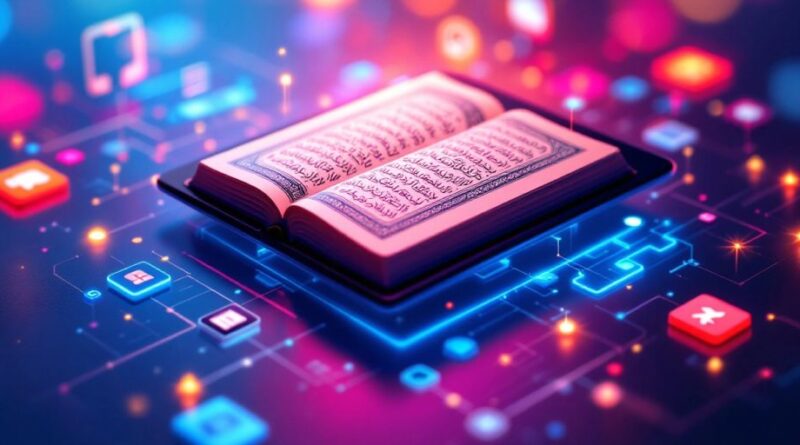 Gadget modern dengan Al Quran dan elemen teknologi.