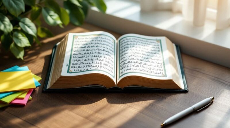 Ruang belajar tenang dengan Al-Quran di meja.