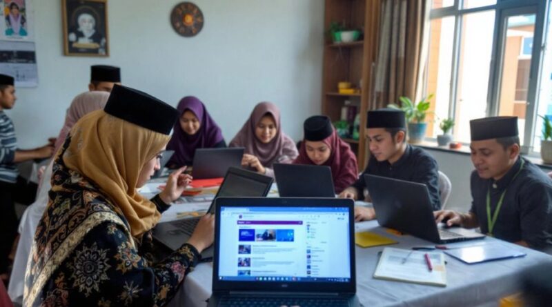 Kelompok siswa belajar online dengan laptop di pesantren.