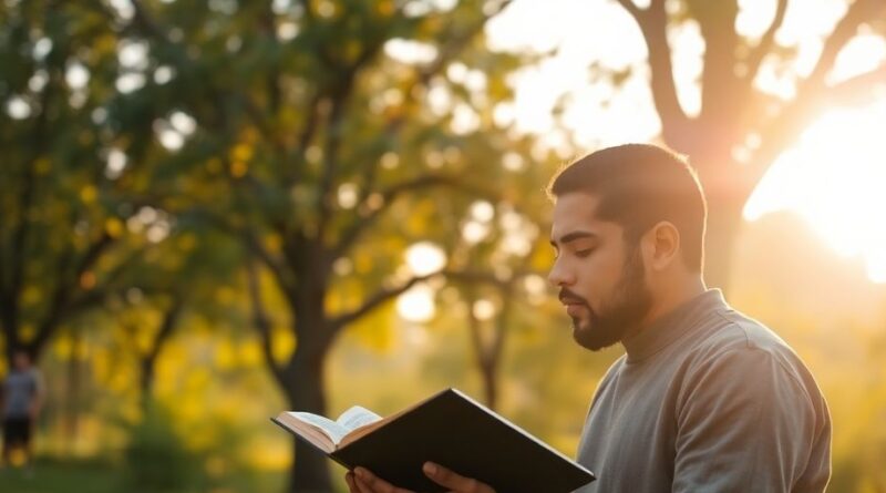 Orang membaca Al-Quran di alam terbuka.