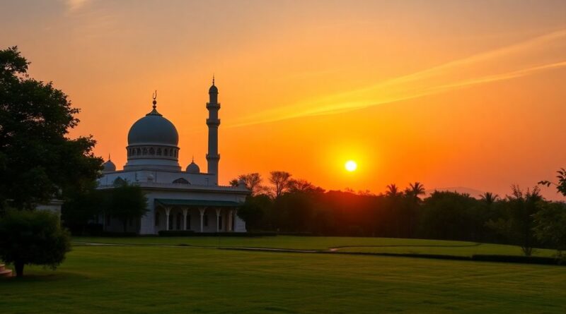 Masjid tenang dengan latar belakang matahari terbenam.