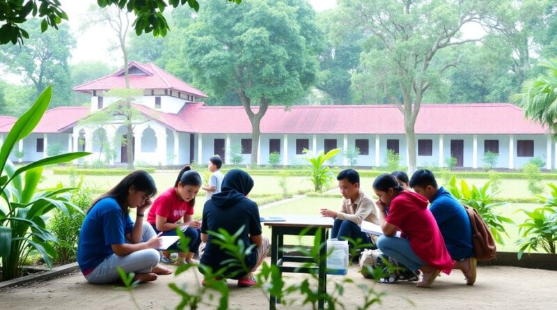 Santri belajar bersama di lingkungan pesantren yang tenang.