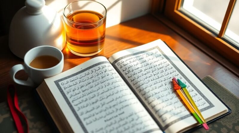 Ruang belajar tenang dengan Alquran terbuka dan teh.