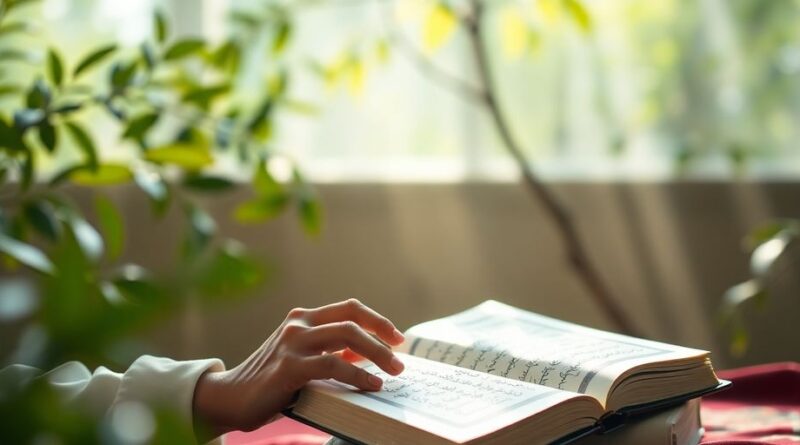 Seseorang sedang membaca Alquran di tempat tenang.