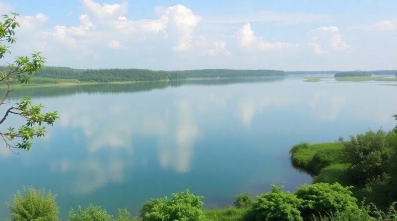 Pemandangan alam tenang dengan sungai dan pepohonan.