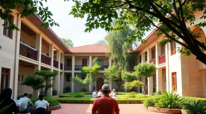 Pemandangan santri belajar di pondok pesantren tahfidz.