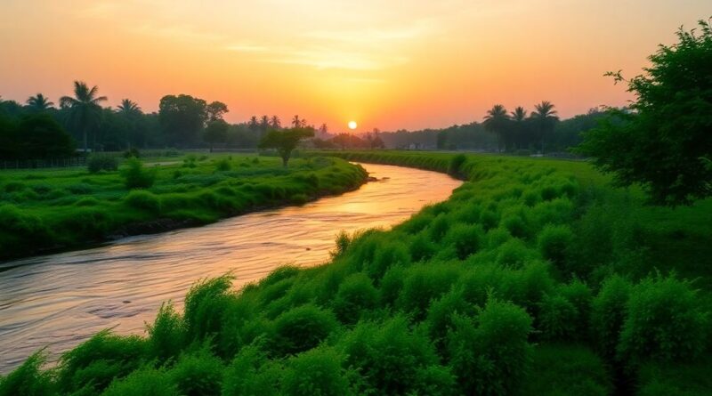 Pemandangan alam dengan sungai dan langit senja.